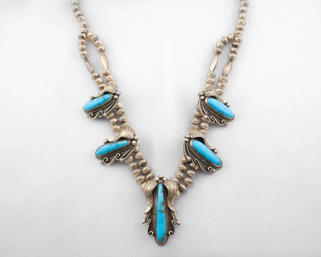 Navajo (Dine') 5-Stone Squash Blossom Necklace signed ORH - Image 2