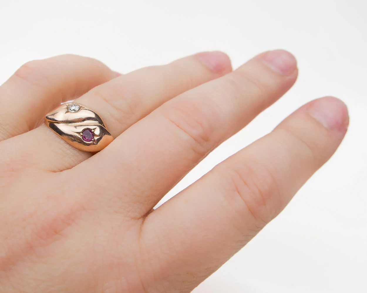 Circa 1918 Rose Gold Ruby & Diamond Snake Ring - Image 5