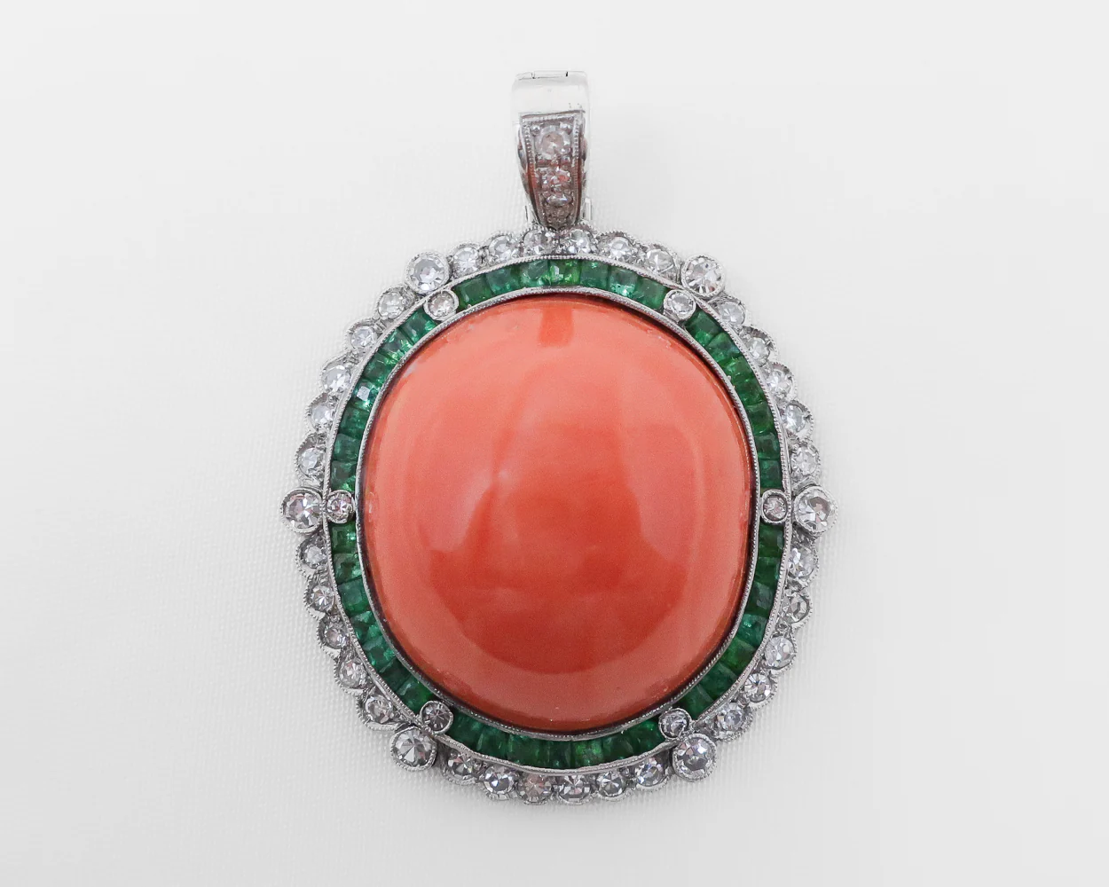 Midcentury Coral Pendant with Emerald & Diamond Halo