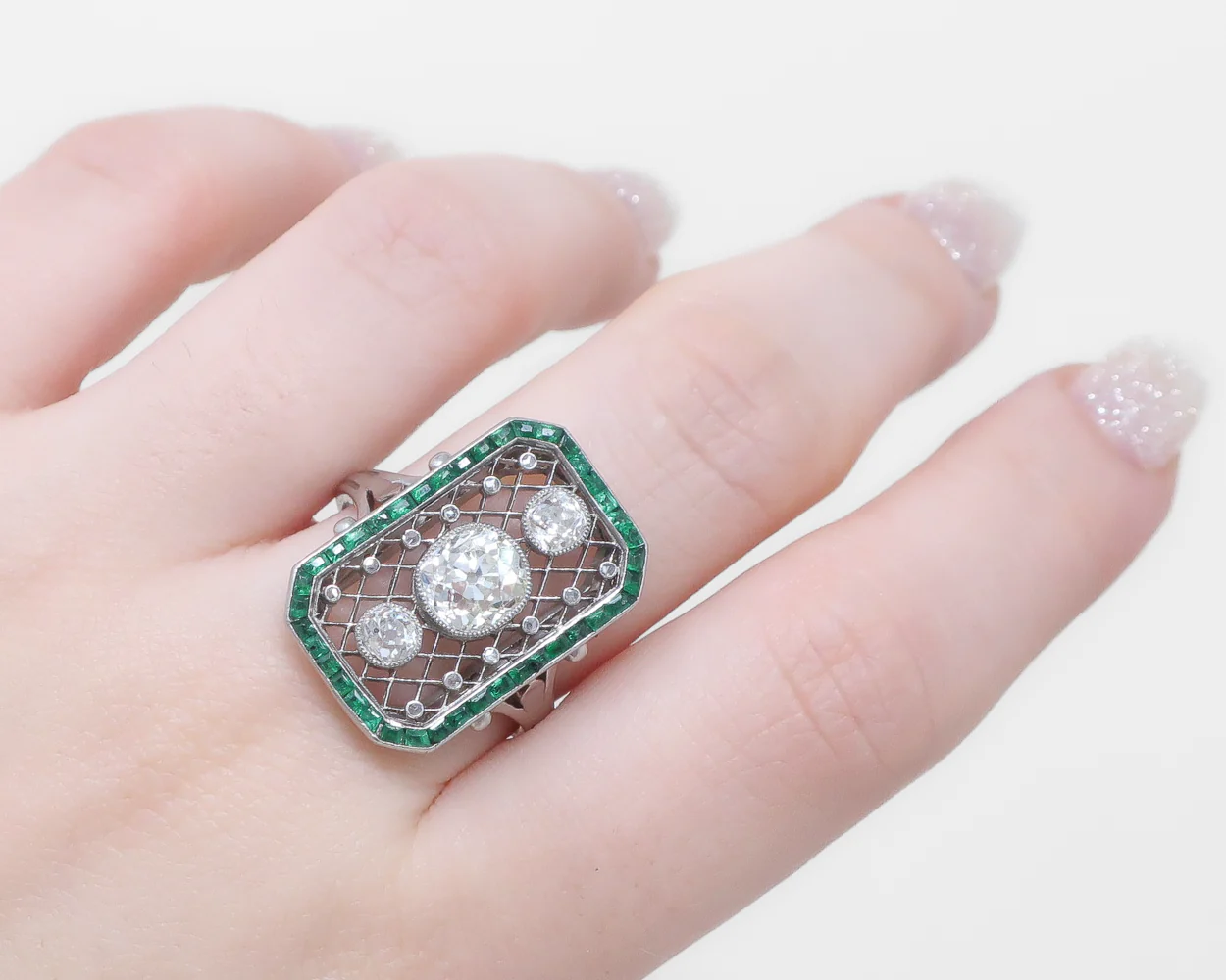 Art Deco Octagonal Diamond & Emerald Ring - Image 2