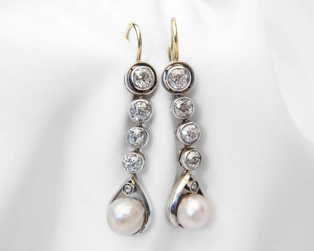 Edwardian French Diamond & Pearl Drop Earrings