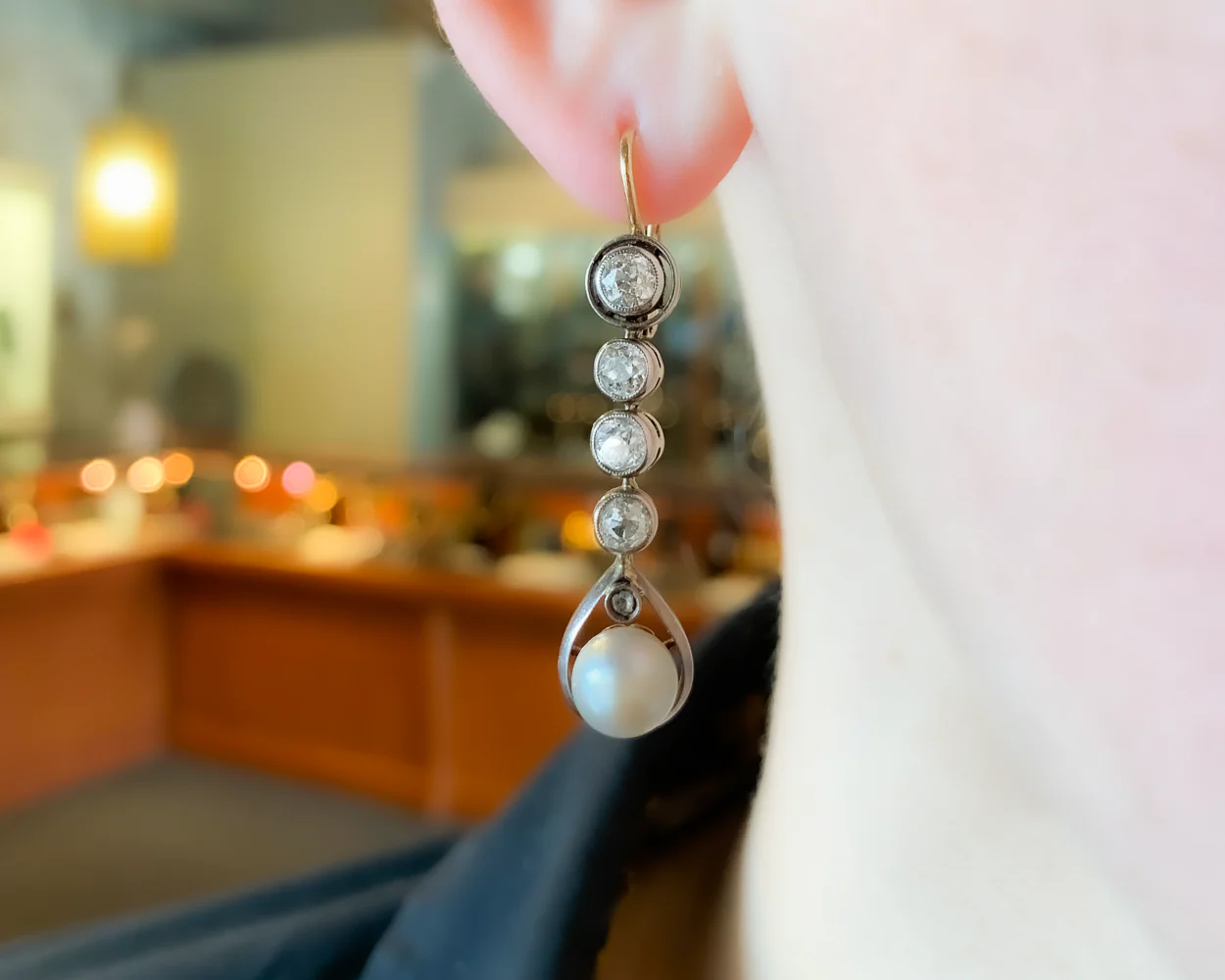 Edwardian French Diamond & Pearl Drop Earrings - Image 2