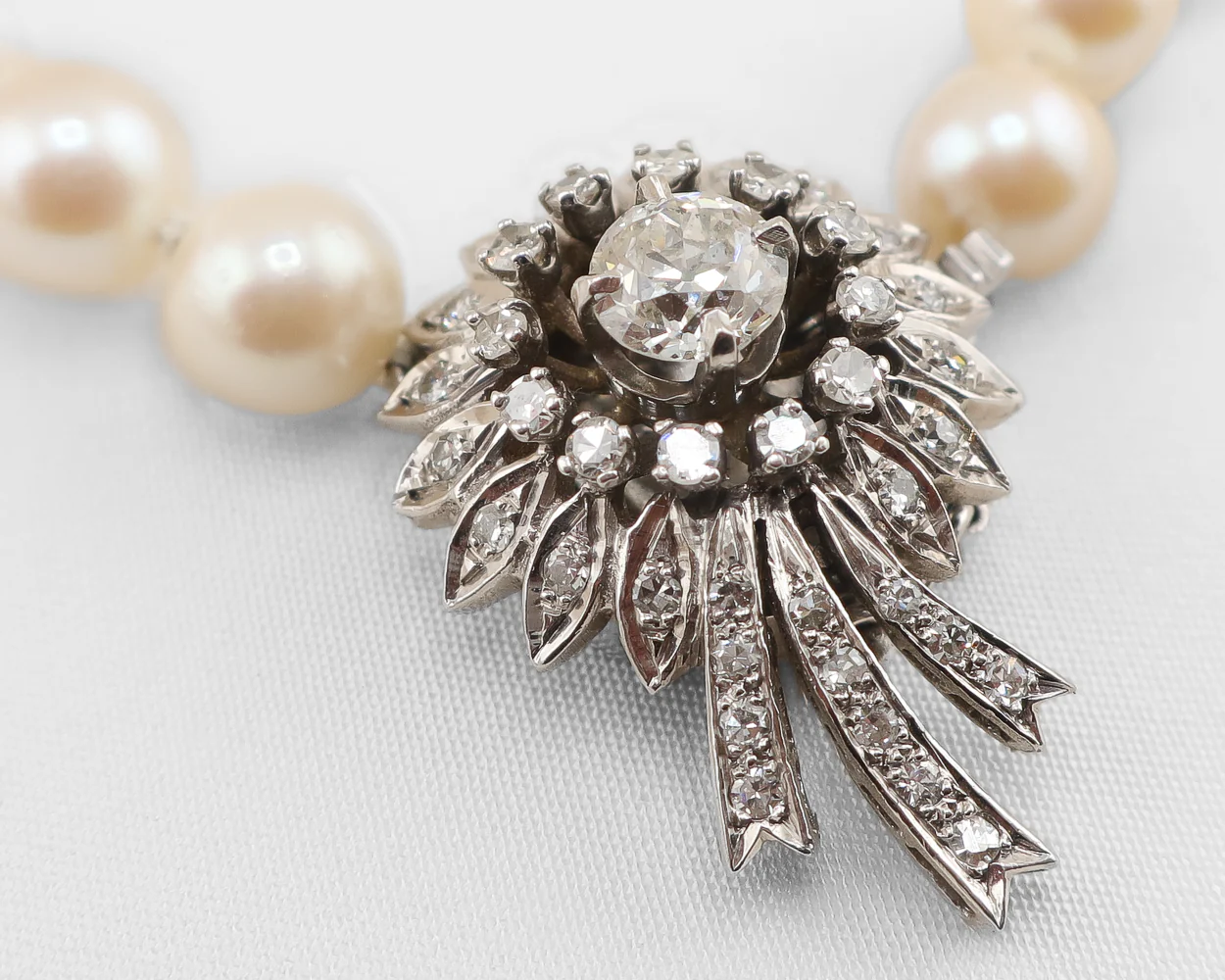 Midcentury Cultured Pearl Strand with Diamond Clasp