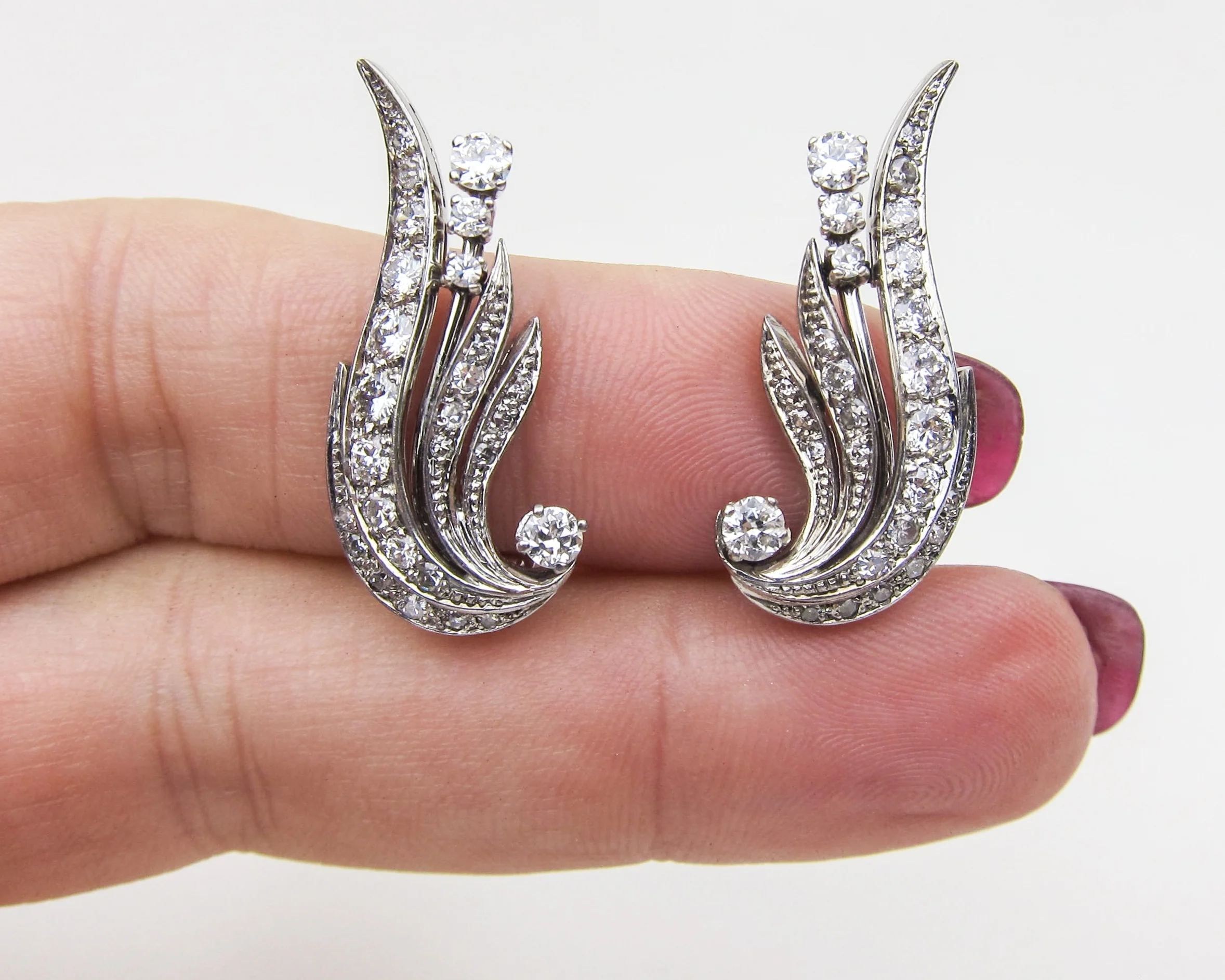 Midcentury 14KT White Gold Diamond Earrings - Image 3