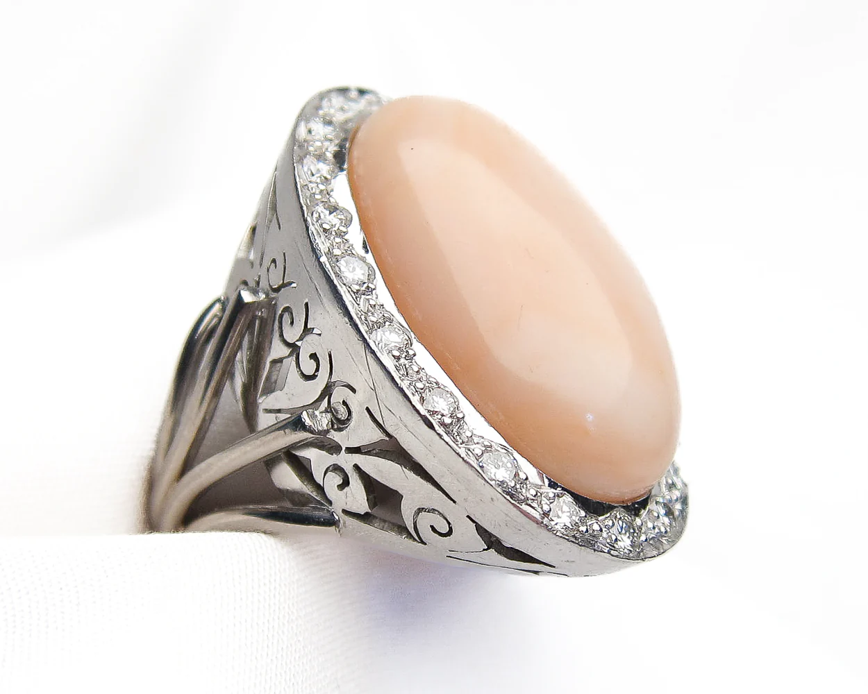 Midcentury Coral & Diamond Halo Ring - Image 3