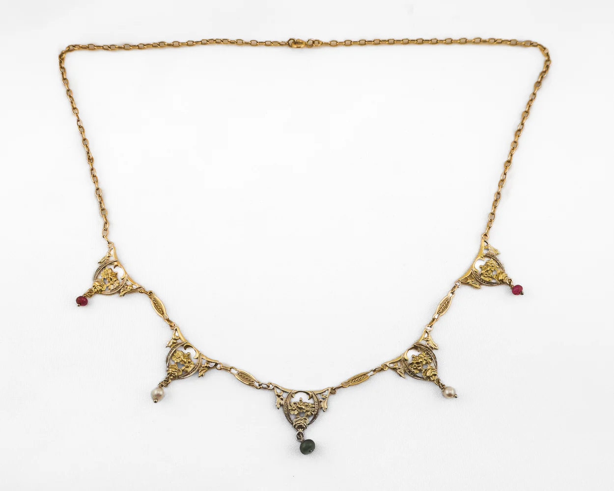 Edwardian 18KT Ruby, Pearl & Emerald Necklace