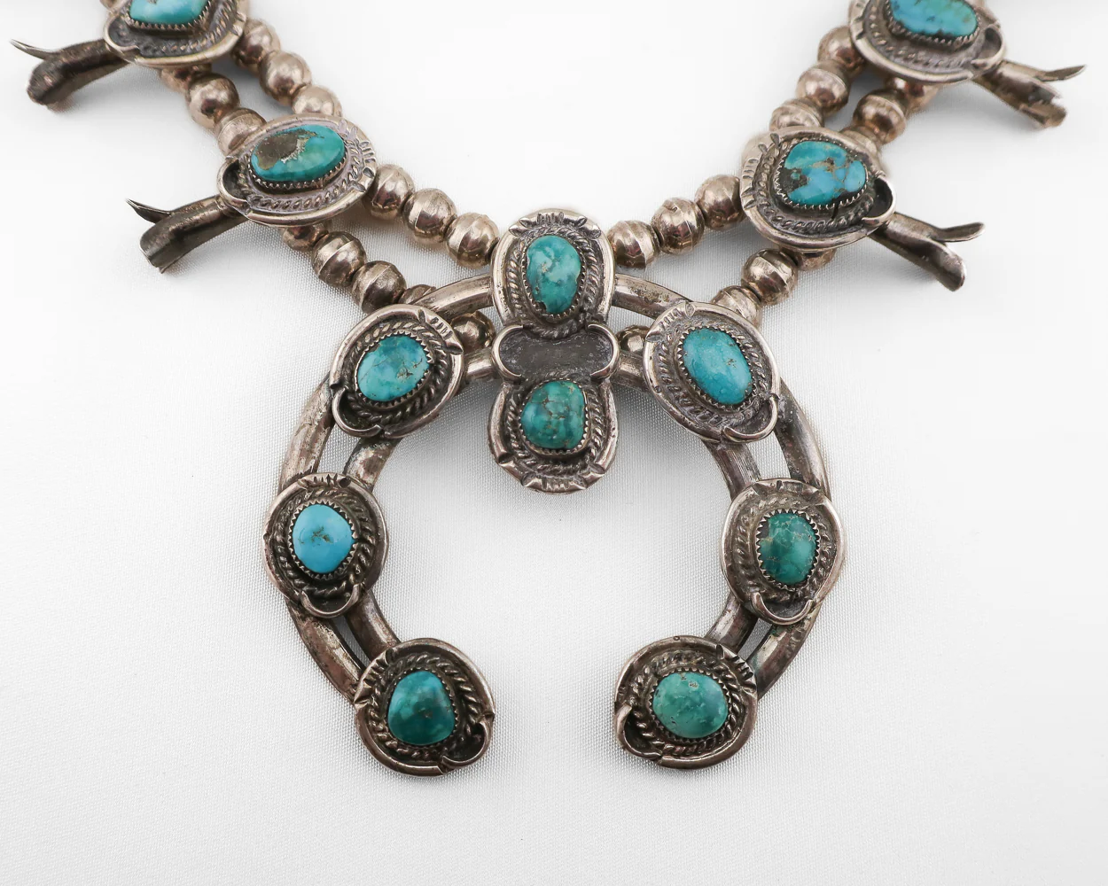 Midcentury Navajo (Dine') Squash Blossom Turquoise Necklace - Image 2