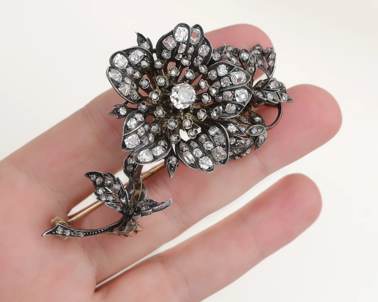 Victorian Rose-Cut Diamond Floral Brooch - Image 4