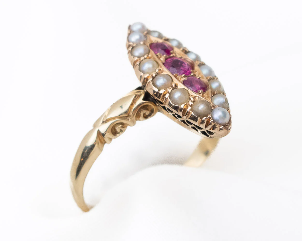 Victorian Ruby & Pearl Navette Ring - Image 2