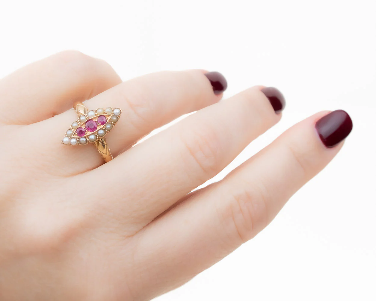 Victorian Ruby & Pearl Navette Ring - Image 6