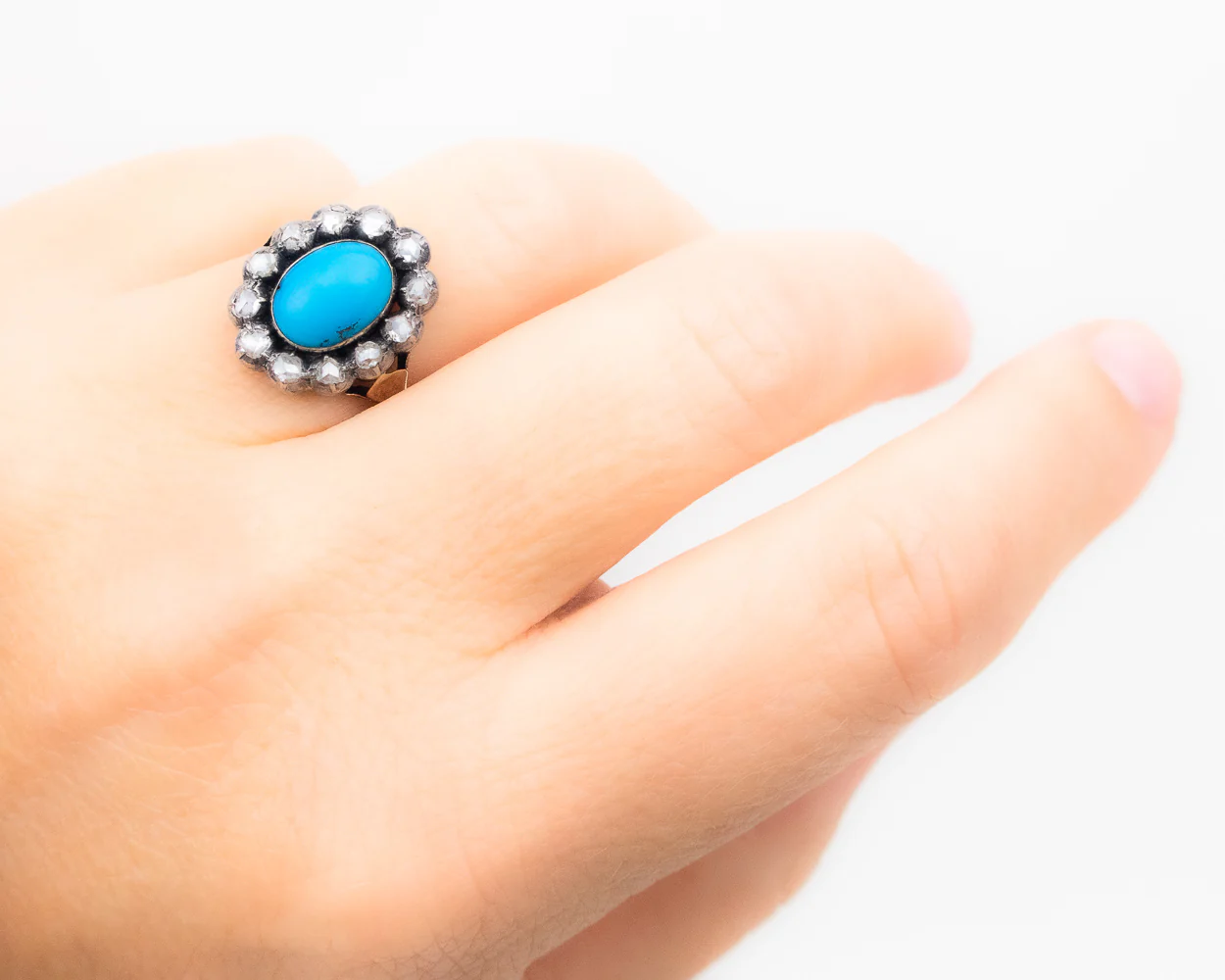 Victorian Turquoise and Rose-Cut Diamond Halo Ring - Image 6